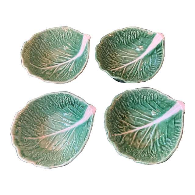 Vintage Secla Portugal Majolica Green Cabbage Leaf Cereal/Soup Bowls-Set of 4 For Sale