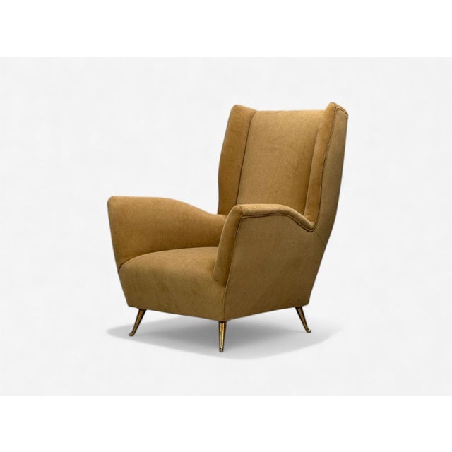 Metal Isa Bergamo, Camel Velvet, Bronze, Wingback Chairs, Italy, 1950s For Sale - Image 7 of 14