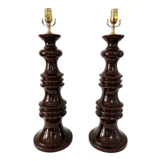 1960s Large Glossy Brown MId Century Modern Ribbed Ceramic Table Lamps - a Pair For Sale