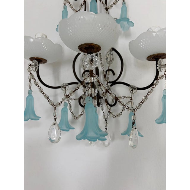 C 1930 Aqua Blue Murano Bell Flowers Crystal Prisms Sconces One of a Kind For Sale - Image 6 of 11