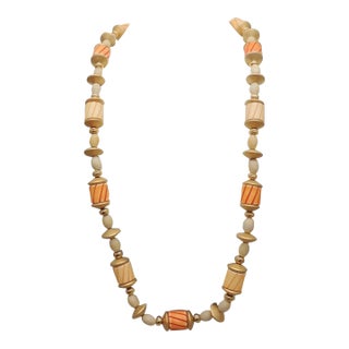 Vintage Signed Napier Tan & Orange Hand Carved Beads Sautoir Necklace, 1985 For Sale
