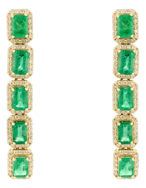 14k Long Dangler Emerald Art Deco Gold Earrings With Diamonds- A Pair