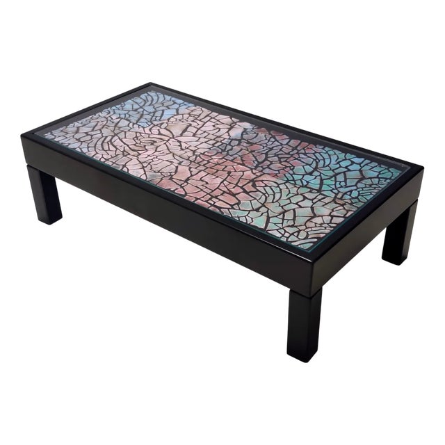 Vintage Rectangular Lacquered Beach Coffee Table with Colorful Plaster Relief, 1980s For Sale