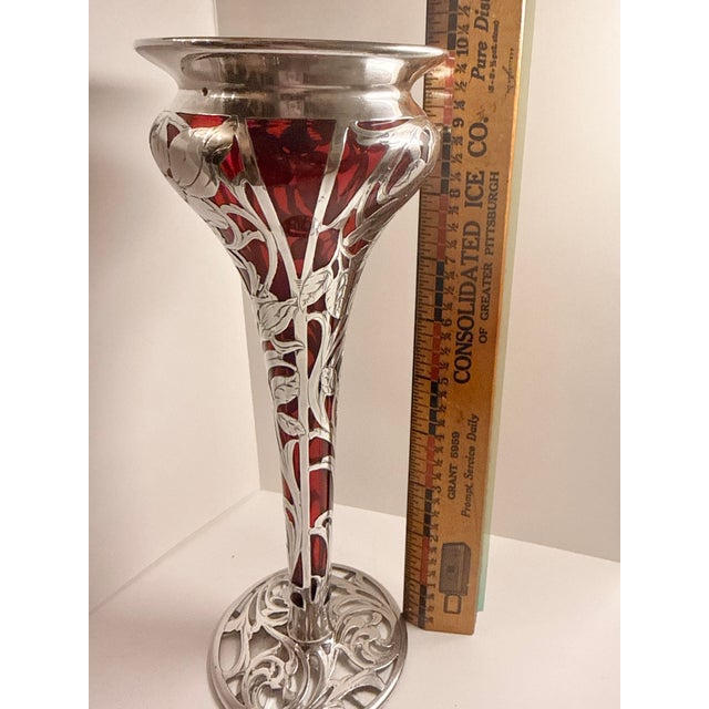 Sterling Silver and Red Glass Inlayed Art Nouveau Trumpet Vase For Sale - Image 9 of 12