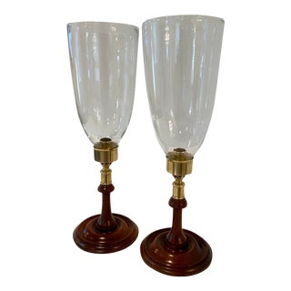 1980s Virginia Metalcrafters Mahogany and Brass Glass Hurricane Candlesticks- a Pair For Sale