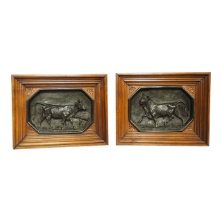 Circa 1860 French Walnut and Bronze Bull Plaques, by Christopher Fratin For Sale