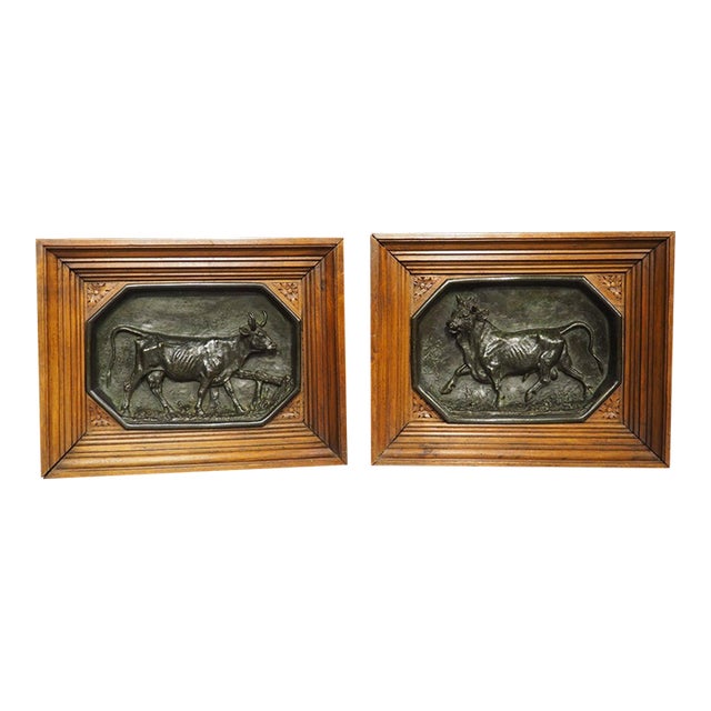 Circa 1860 French Walnut and Bronze Bull Plaques, by Christopher Fratin For Sale
