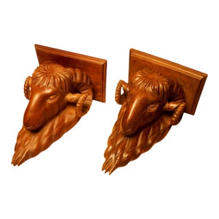 Antique Black Forest Ram Head Carved Wall Shelves- a Pair For Sale