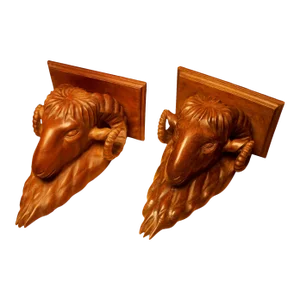 Antique Black Forest Ram Head Carved Wall Shelves- a Pair