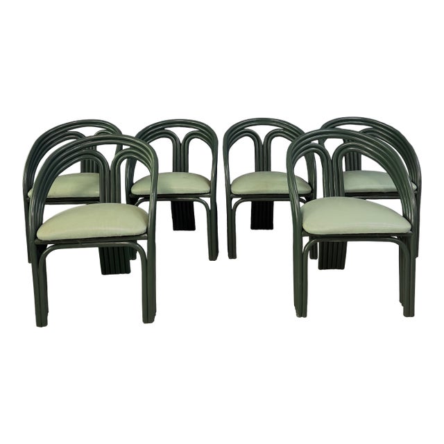 Set of 6 Postmodern Green Bent Rattan Dining Chair in the Style of Axel Enthoven For Sale