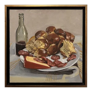 Contemporary Realist Still Life with Challah Oil Painting by Emily Ezell, Framed