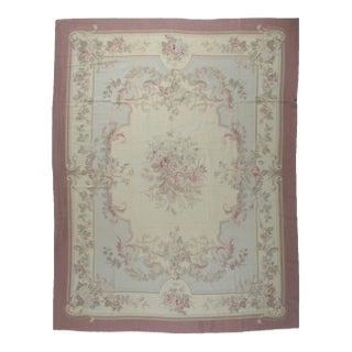 9x11 Vintage Aubusson Flat Weave Wool Rug, Pastel Rose Bouquet For Sale