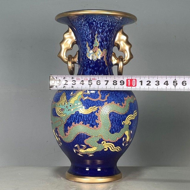 Deep Blue Gilded Dragon Porcelain Vase, Twin Gold Ring Handles Decorative Vase For Sale - Image 4 of 9