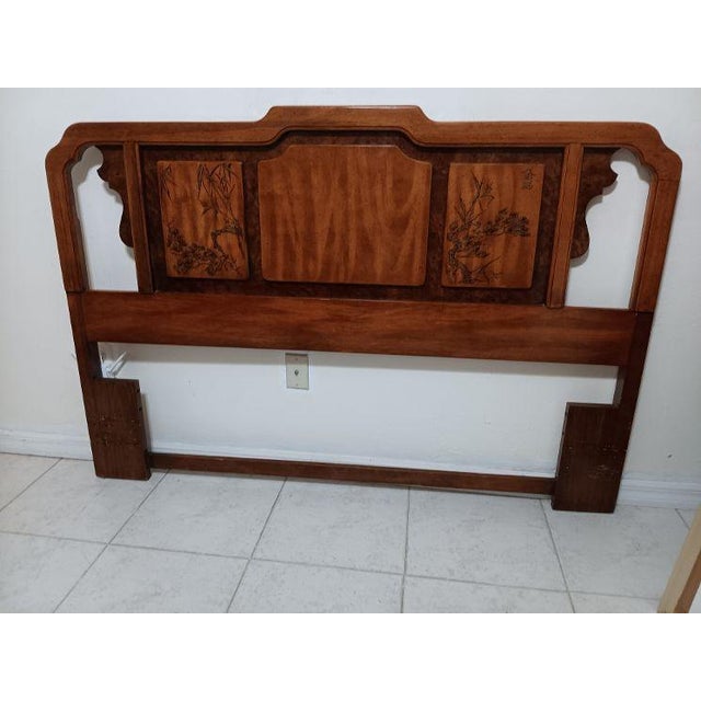 Asian Vintage Asian Inspired Queen Size Wooden Headboard Dark Wood Tone For Sale - Image 3 of 9