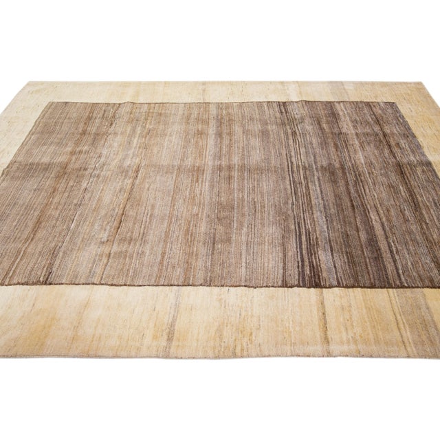 2020s Modern Persian Gabbeh Handmade Brown & Beige Designed Wool Rug For Sale - Image 5 of 10