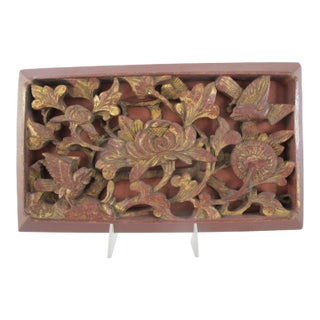 Chinese Red Gold Gilt Pierced Carved Wood Lotus Flowers & 2 Birds Art Panel For Sale