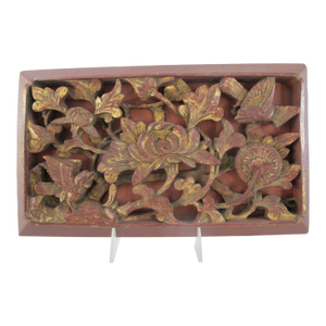 Chinese Red Gold Gilt Pierced Carved Wood Lotus Flowers & 2 Birds Art Panel