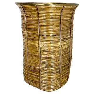 Bauhaus Rattan and Brass Umbrella Stand in the style of Aubock, France, 1960s For Sale