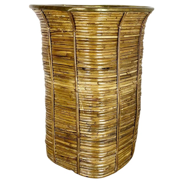 Bauhaus Rattan and Brass Umbrella Stand in the style of Aubock, France, 1960s For Sale