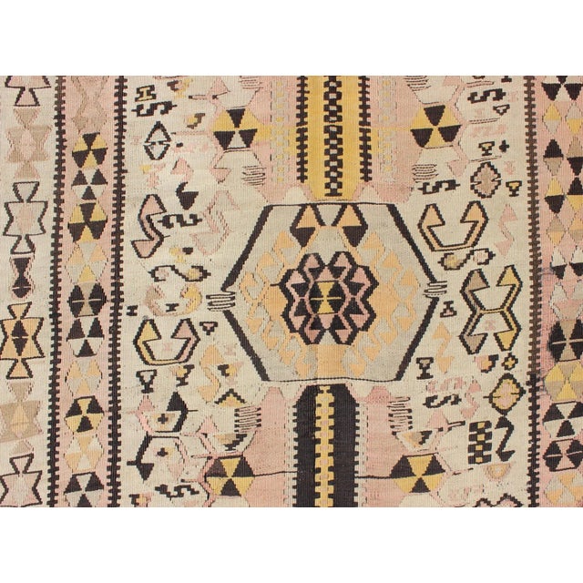 Mid 20th Century Mid 20th Century Vintage Turkish Kilim Gallery Rug With Tribal Design in Brown Pink and Yellow For Sale - Image 9 of 13
