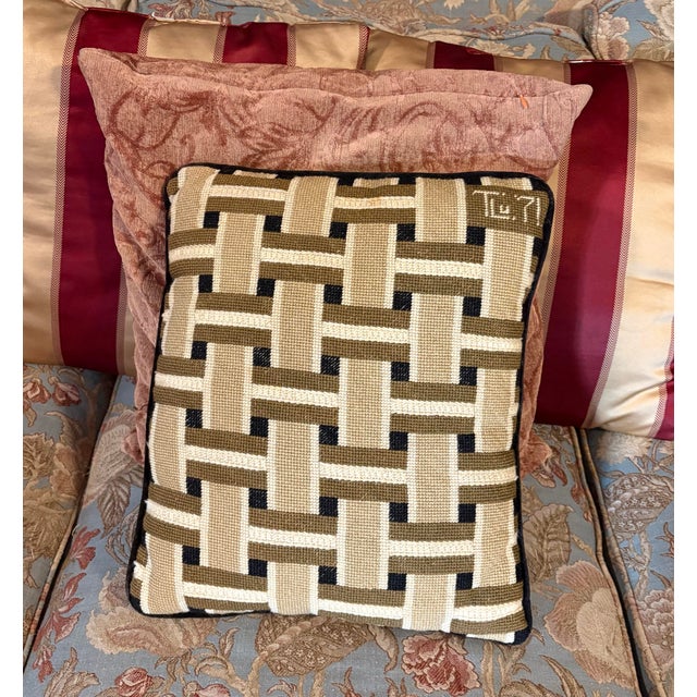 1970s Vintage Handmade & Signed Bargello Basketweave Wool & Velvet Pillow For Sale - Image 5 of 5