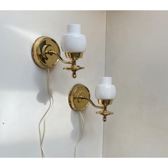 Metal Danish Modern Wall Sconces in White Glass and Brass from Abo, 1970s, Set of 2 For Sale - Image 7 of 7