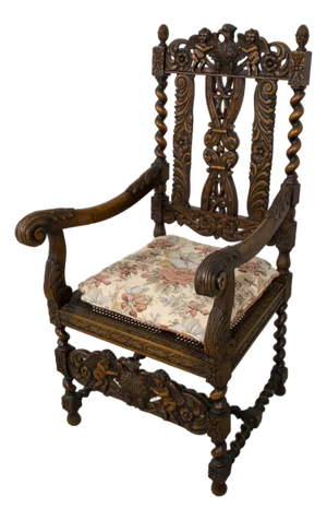 French Continental Ornate Walnut Carved Arm Chair