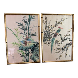 1950s Pair of Japanese Silk Paintings - Signed For Sale