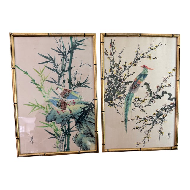 1950s Pair of Japanese Silk Paintings - Signed For Sale
