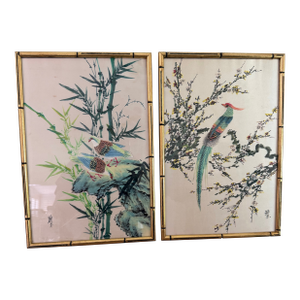 1950s Pair of Japanese Silk Paintings - Signed