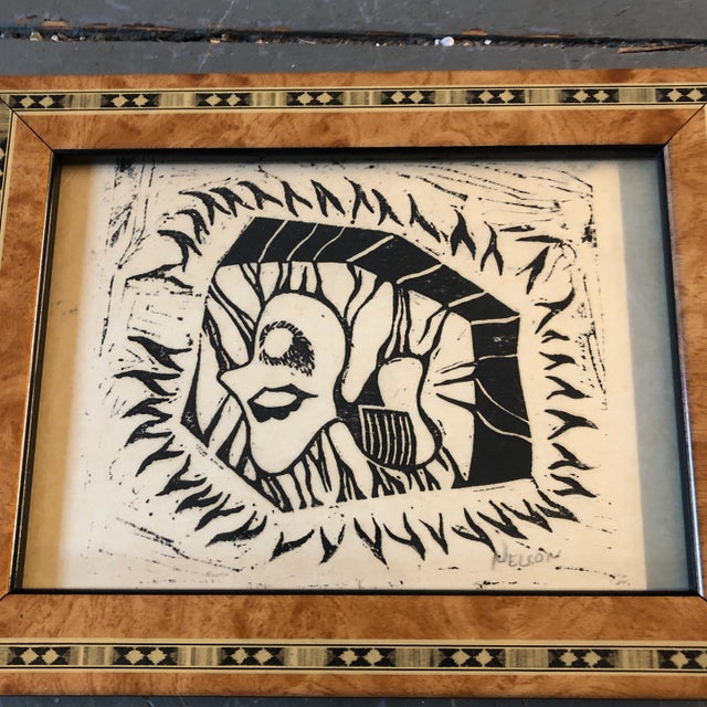 Original wood block print on paper signed bottom right 5 x 7 overall size with vintage frame is 6.5 x 8.5 meant to stand...