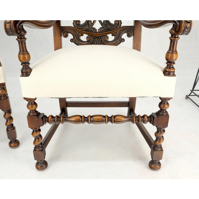 Pair of Carved Walnut Tall Backs New Upholstery Fireside Arm Side Chairs MINT! For Sale - Image 6 of 13