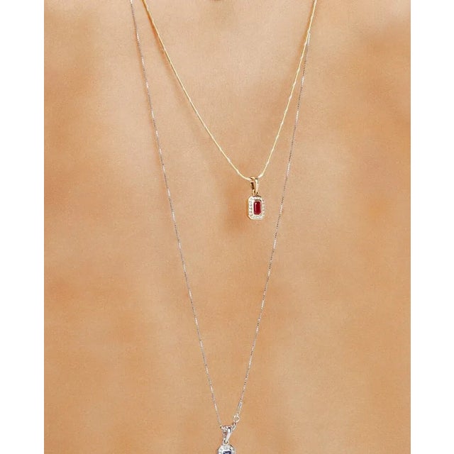 Art Deco 1990s Octagon Ruby and Diamond Halo Art Deco Pendant in 14k Yellow Gold For Sale - Image 3 of 13