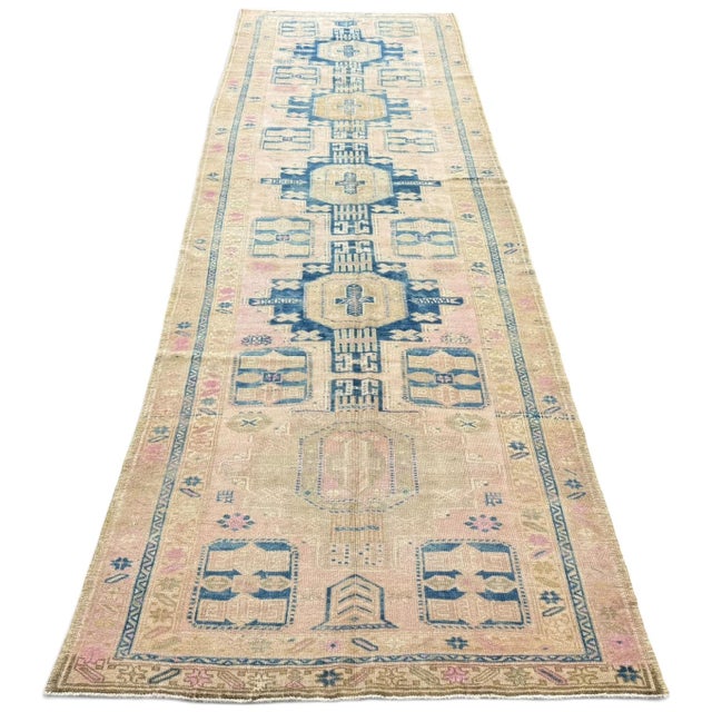 Turkish Antique Azeri Runner | Blue Geometric Medallions 4x 13 For Sale - Image 3 of 4