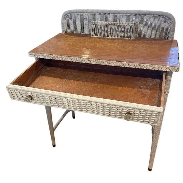 Vintage Mid Century Wicker & Wood Top Writing Desk With Drawer For Sale In Los Angeles - Image 6 of 8