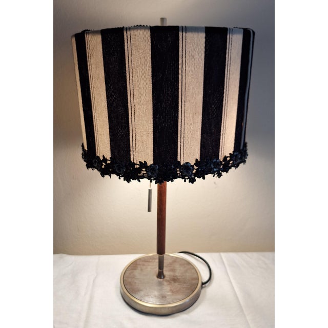 Black Mid-Century German Table Lamp with Metal Base, Teak Rod and Fabric Shade, 1960s For Sale - Image 8 of 12