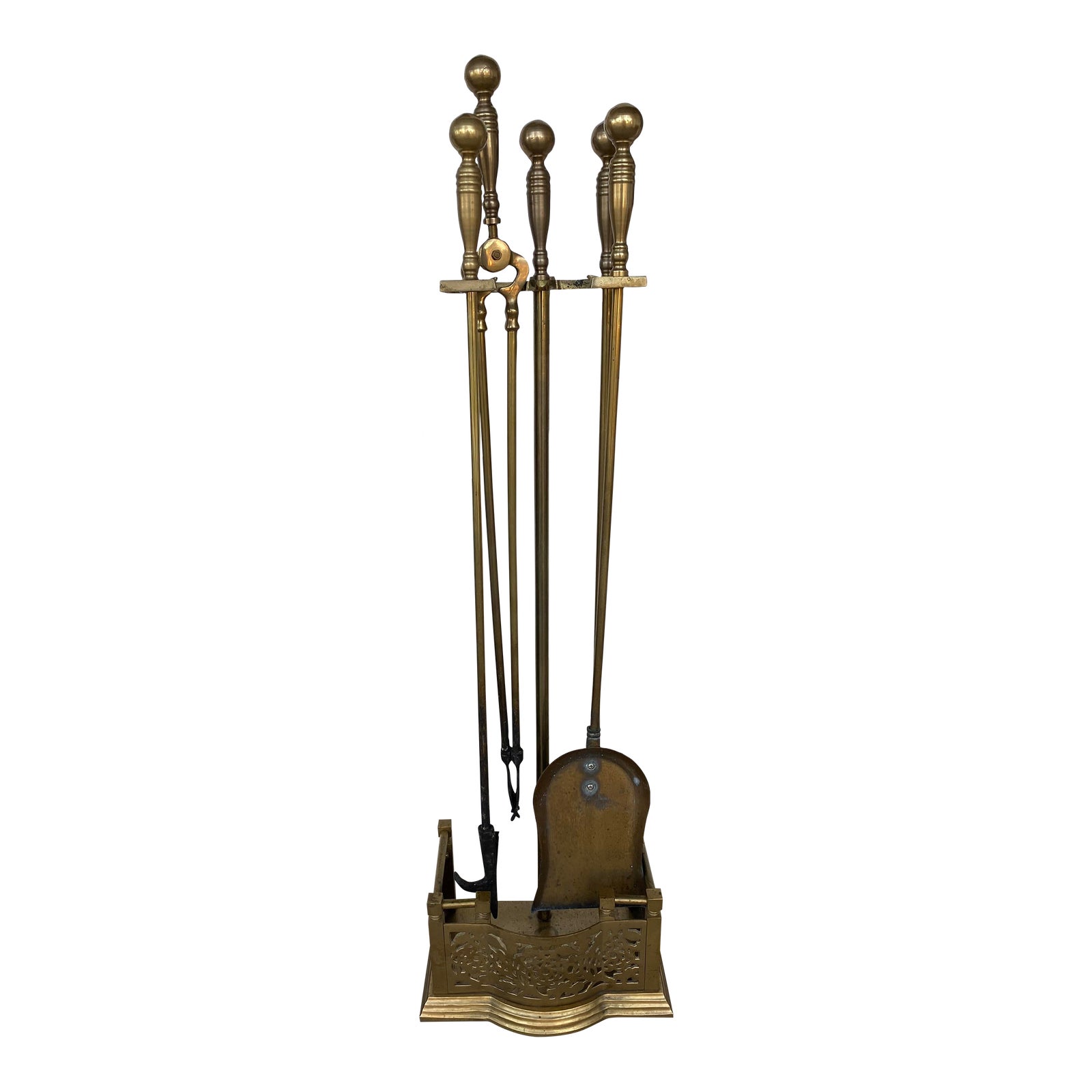 Vintage Heavy Brass Fireplace Tools and StandFour Tools and Stand
