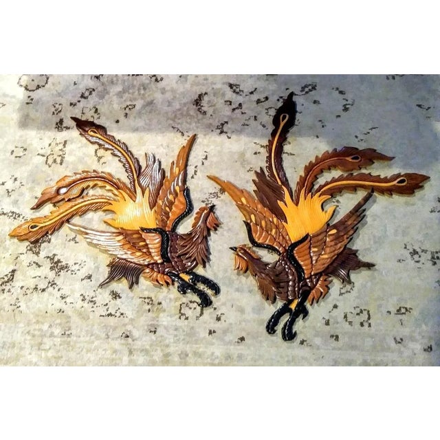 Vintage Mid Century Modern Handmade Custom Tri Colored Carved Wood Fighting Roosters Cocks - a Pair For Sale - Image 4 of 7