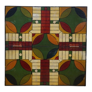Antique Folk Art Double Sided Folding Parcheesi Chess Checkers Game Board 18" For Sale