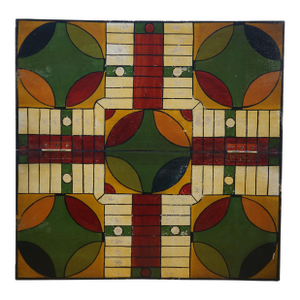Antique Folk Art Double Sided Folding Parcheesi Chess Checkers Game Board 18"