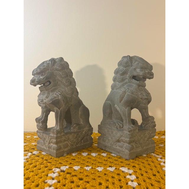 Vintage Hand Carved Stone Foo Dogs Guardian Lions, Pair, Asian Garden Sculptures For Sale - Image 4 of 8
