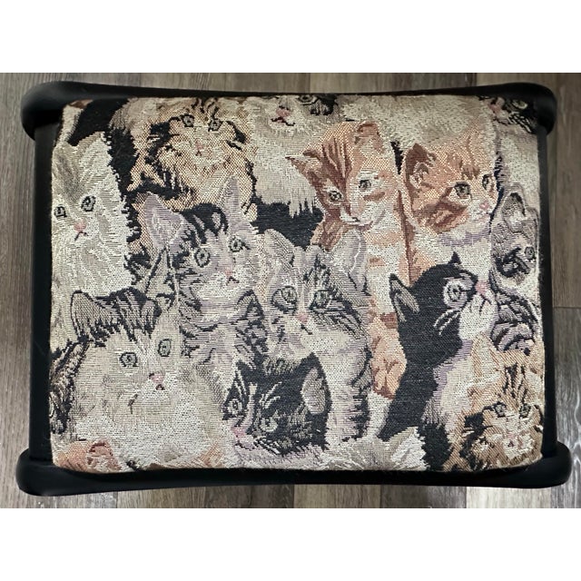 Farmhouse Antique Early 20th Century Victorian Footstool Black With Cat Tapestry Upholstered Cushion For Sale - Image 3 of 9