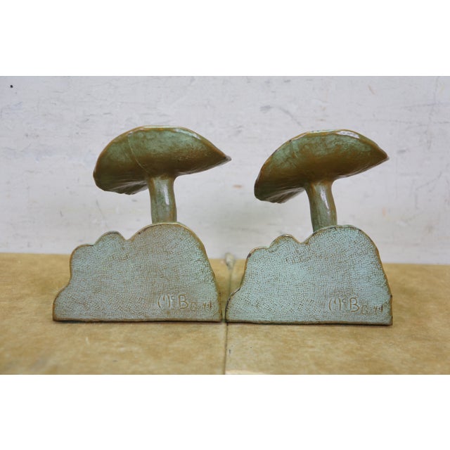 Green Antique McClelland Barclay Art Deco Bronze Mushroom Frog Bookend Sculptures 4.5" For Sale - Image 8 of 13