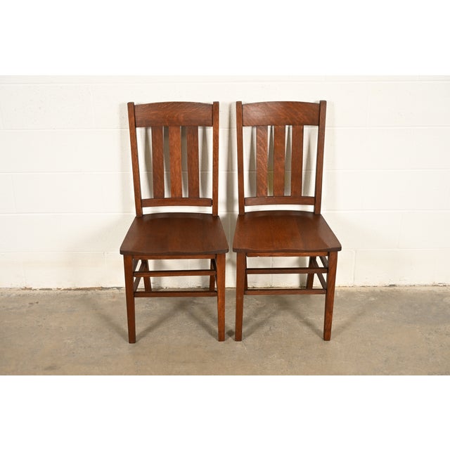 Mission Limbert Style Antique Mission Oak Arts & Crafts Side Chairs or Dining Chairs, Pair For Sale - Image 3 of 14
