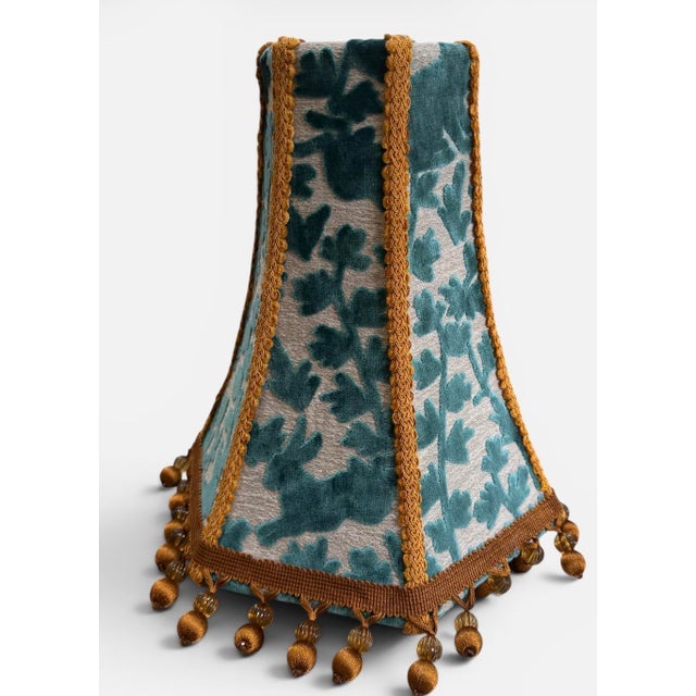 2020s Designer Covington Teal Bunny Velvet Lamp Shade Tapered Drum With Brown Beaded Fringe That Glows For Sale - Image 5 of 6