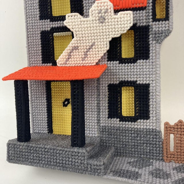 Orange VTG 80s Halloween 14" Centerpiece Ghost Needlepoint Plastic Canvas Haunted House For Sale - Image 8 of 8