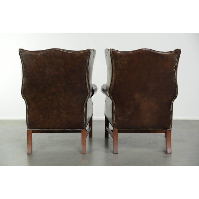 Large English Dark Cognac-colored Cowhide Leather Wing Armchairs, Set of 2 For Sale - Image 3 of 14