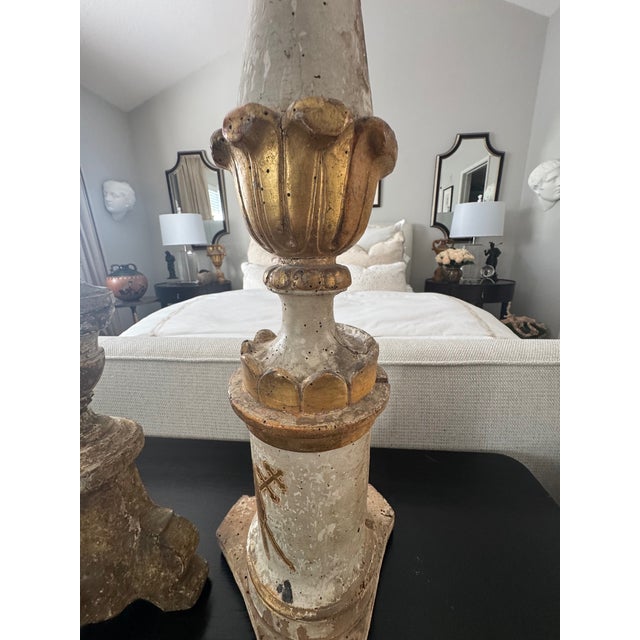 Pair of Antique Italian Painted Wood Candlesticks With Aged Patina For Sale - Image 15 of 15