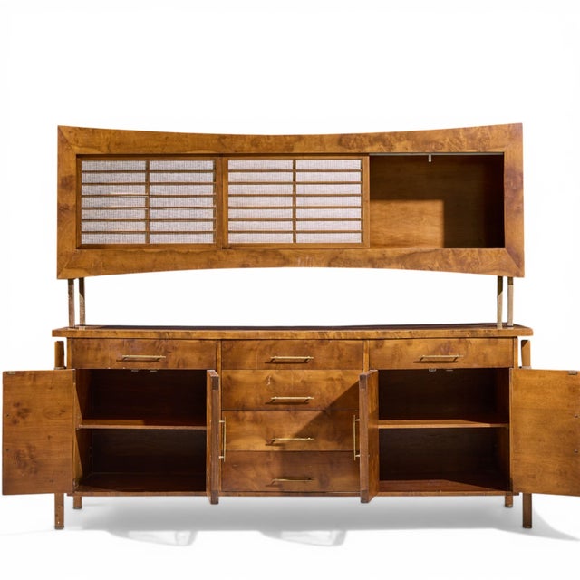 Wood Harold Schwartz for Romweber Mid Century Burlwood and Brass Credenza and Hutch For Sale - Image 7 of 13
