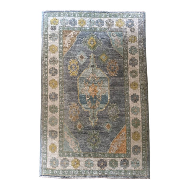 Contemporary Turkish Oushak Rug in Gray and Green With Ivory and Orange Accents, | 5' X 8' For Sale